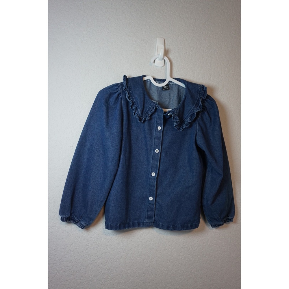 SHEIN Kids Girls Denim Ruffle Peter Pan Collar Puff Sleeve Button Up Top Size 7Y